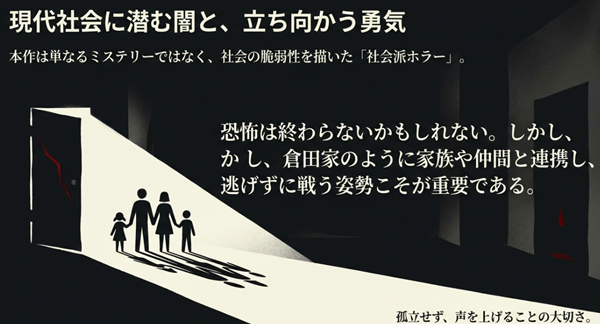 本作が社会の脆弱性を描いた社会派ホラーであるというまとめ。恐怖は終わらないかもしれないが、家族や仲間と連携して声を上げることの重要性を説くスライド。