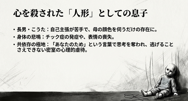 母親の顔色を伺う人形のようになった長男・こうたのチック症などの身体症状と、逃げ場のない共依存状態を説明した図。