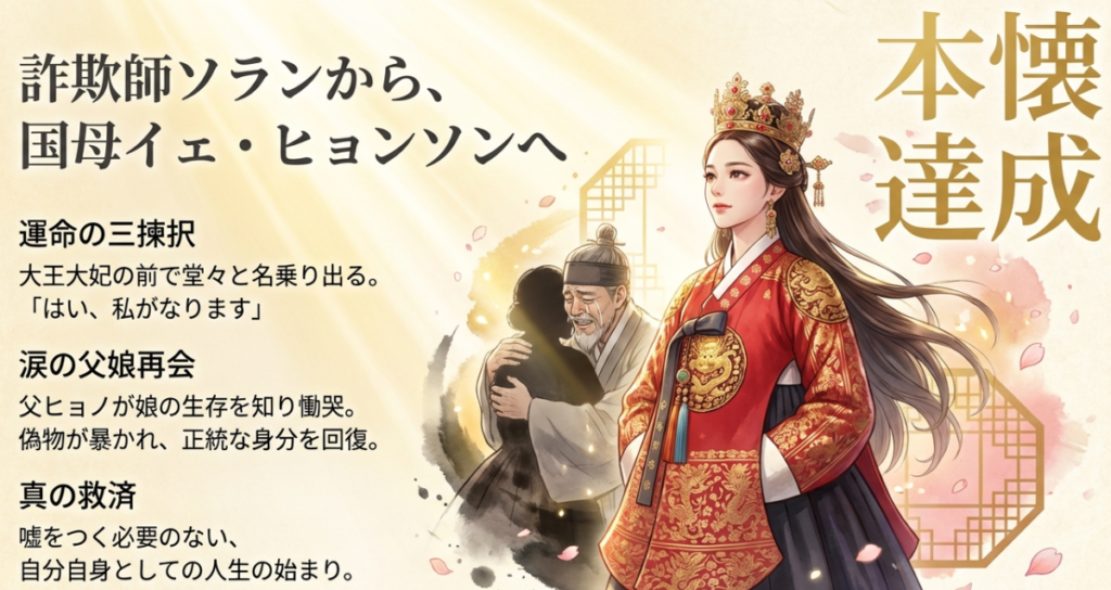 王妃選びの三揀択で正体を明かすソランと、死んだと思っていた娘との再会に慟哭する父ヒョノの姿を描いた、身分回復と救済の感動シーン解説