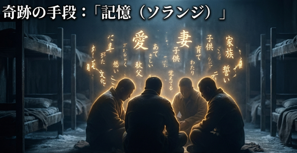 ソ連軍の検閲により文字の持ち出しが不可能な中、4人の仲間が遺書を分担して暗記し、家族へ届ける決意をしたプロセスと「記憶される限り人は死なない」というテーマの解説