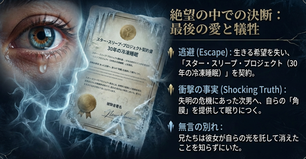 30年の冷凍睡眠契約書と、失明の危機にあった次男へ角膜を提供するという同意書のイメージ。絶望の中での最後の愛と犠牲を示す図。