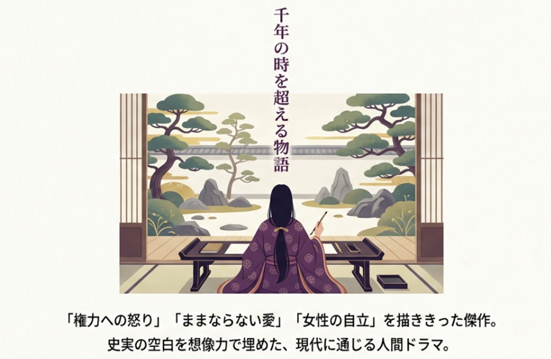 『光る君へ』が描いた権力への怒り、ままならない愛、女性の自立といったテーマが、現代にも通じる普遍的な人間ドラマであることを総括したイメージ画像。