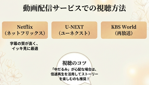 NetflixやU-NEXTでの配信情報と、中だるみが心配な視聴者向けの倍速再生活用のコツなどを紹介したスライド