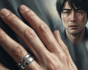 窓の外の雨を眺めながら亡き妻に思いを馳せる須賀圭介。左手の薬指にはめられた2つの指輪が彼の過去と後悔を象徴している。