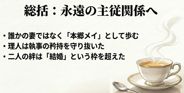 メイが「本郷メイ」として歩み出し、理人が執事の矜持を守り抜いた、結婚制度を超えた二人の強い絆の結末をまとめた総括スライド。