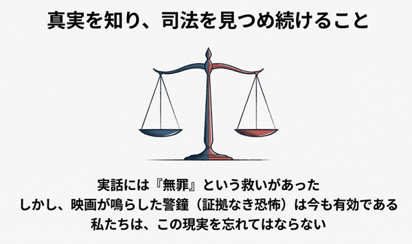 天秤のイラストとともに、実話には救いがあった一方で、映画が鳴らした警鐘は今も有効であり、私たちがこの現実を忘れてはならないことを訴えるまとめのスライド。