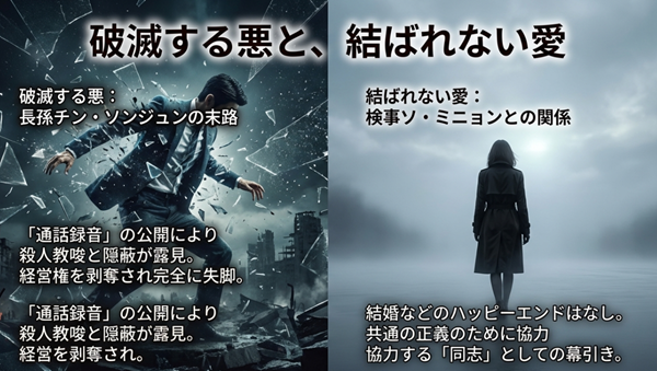 長孫チン・ソンジュンの完全な失脚と、検事ソ・ミニョンとの間にハッピーエンドはなく「同志」としての幕引きとなった結末をまとめたスライド。