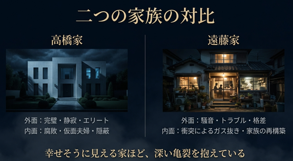 完璧に見えて内部が腐敗していた高橋家と、騒がしいが再生していく遠藤家。幸せそうに見える家ほど深い亀裂があることを示す比較図 。