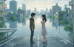 水没した世界で再会し、手を取り合う帆高と陽菜。狂った世界の中でも自分たちの選択を信じて生きていく「生存肯定」の結末。