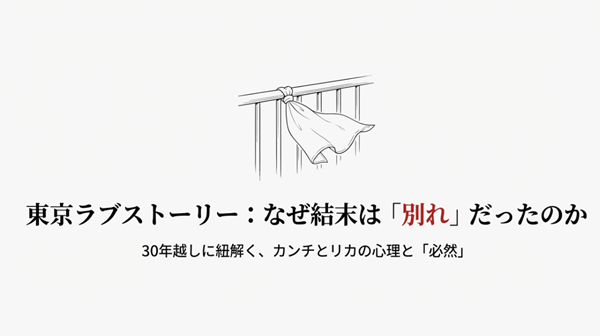 駅の柵に結ばれたハンカチのイラスト。東京ラブストーリーの結末がなぜ「別れ」だったのか、30年越しにカンチとリカの心理と必然性を紐解くスライドの表紙。