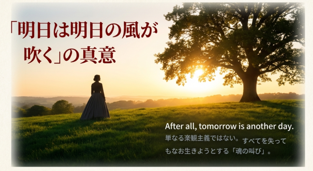 「After all, tomorrow is another day.」は単なる楽観主義ではなく、すべてを失ってもなお生きようとする魂の叫びであり、回復力（レジリエンス）のメッセージであることの解説