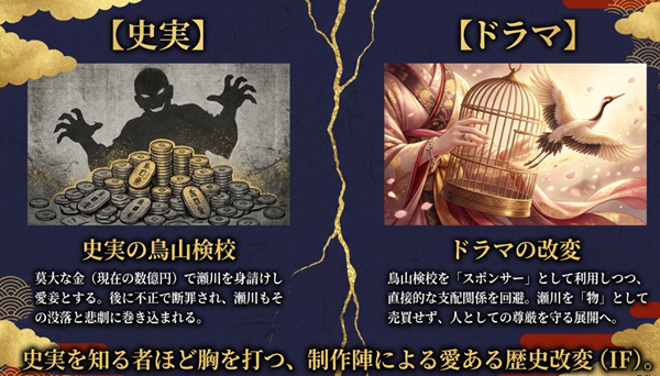 史実における鳥山検校による身請けと没落の悲劇に対し、ドラマでは支配関係を回避し人としての尊厳を守る改変がなされたことを示す比較図。