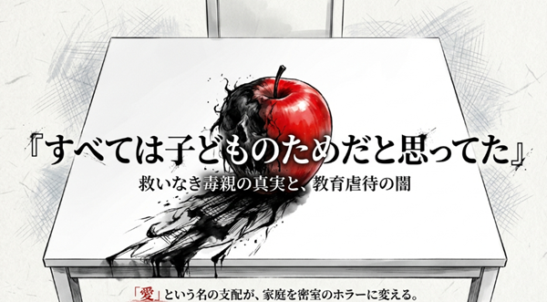 漫画『すべては子どものためだと思ってた』の不穏な表紙イラスト背景に、救いなき毒親の真実と教育虐待の闇というテーマを掲げたスライドの表紙。