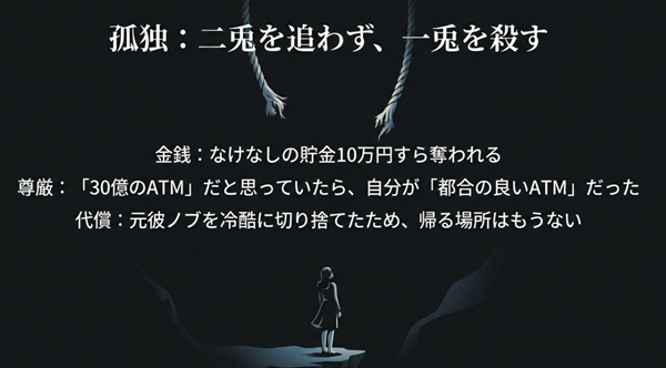 30億のATM」を探していたはずが自分がATMにされ、元彼ノブも冷酷に切り捨てたことで帰る場所を失った主人公の喪失と孤独についての解説。