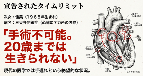 佳美さんを苦しめた三尖弁閉鎖症の心臓イラスト図。三尖弁の閉鎖や7カ所の欠陥、20歳まで生きられないというタイムリミットを解説。