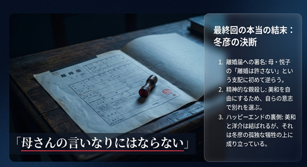 冬彦が母・悦子の支配に逆らい「言いなりにはならない」と離婚届に判を押す、精神的な親殺しと自立の瞬間を解説した図。
