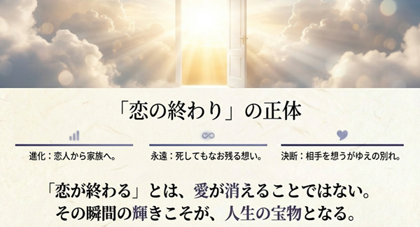 タイトル『すべての恋が終わるとしても』に込められた真意の解説図。「恋の終わり」とは愛が消えることではなく、家族への進化や永遠の愛への昇華であることを示すスライド。