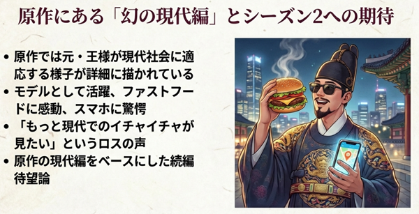原作小説に存在する「現代編」のイメージ図。現代社会に適応し、ハンバーガーを食べたりスマホを使ったりする元王様の姿と、シーズン2待望論について。