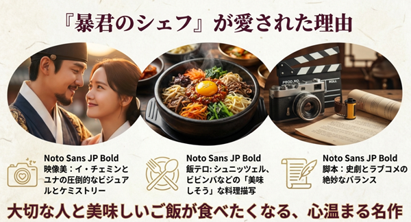 ドラマが高視聴率を記録し愛された理由のまとめ。イ・チェミンとユナの映像美、食欲をそそる飯テロ描写、史劇とラブコメの絶妙なバランスについて。