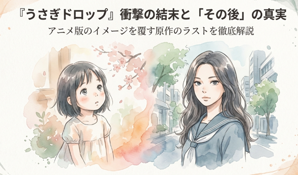 成長したりんのイラストと共に、『うさぎドロップ』の衝撃的な結末と、アニメ版では描かれなかったその後の真実について解説するスライドの表紙。