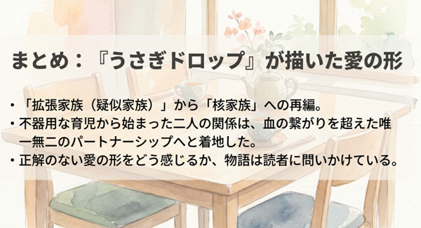 作品が「拡張家族」から「核家族」への再編を描いたものであること、そして血の繋がりを超えた唯一無二のパートナーシップの物語であることを総括したまとめスライド。
