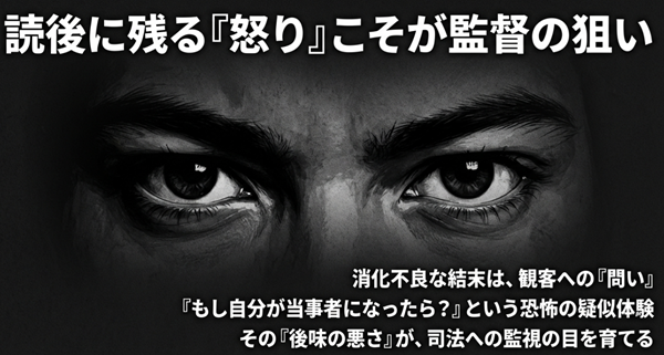 消化不良な結末は観客への問いであり、「もし自分が当事者になったら？」という恐怖の疑似体験を通じて司法への監視の目を育てる狙いがあることの解説。