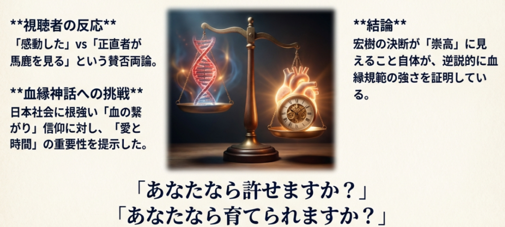 最終回の結末に対する「感動」と「批判」の賛否両論のまとめと、日本社会の血縁神話に対する挑戦、そして「あなたなら許せますか？」というドラマからの問いかけをまとめた図。