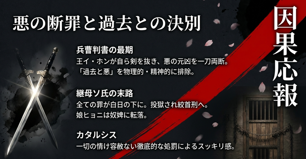 王イ・ホンによる兵曹判書の一刀両断と、継母ソ氏の絞首刑および娘ヒョニの奴婢転落という、情け容赦ない徹底的な悪の断罪とカタルシスについての解説。