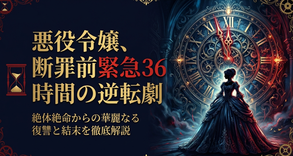 漫画『悪役令嬢、断罪前緊急36時間』のタイトルスライド。絶体絶命の状況から始まる華麗なる復讐劇と結末を徹底解説する記事の表紙画像