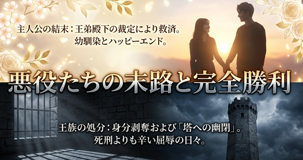 断罪イベントの結果、身分を剥奪され塔へ幽閉された王子と王妃の末路、および王弟殿下の裁定により救済された主人公のハッピーエンドの解説図 。