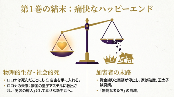 天秤の片方に「愛・自由」、もう片方に「崩壊した王冠・家」が乗せられ、ロロナが幸福を掴み、加害者が自滅したハッピーエンドの構図を示したイラスト。