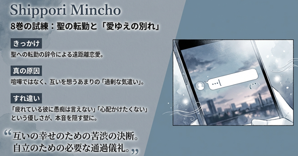 第8巻で描かれる「別れ」の原因分析図。聖への転勤辞令をきっかけに、互いを想うあまりの過剰な気遣いがすれ違いを生み、苦渋の決断に至るプロセスを解説。