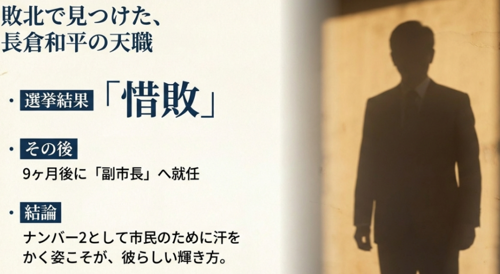 市長選での惜敗を経て、トップとして矢面に立つよりも「副市長」というナンバー2のポジションこそが長倉和平の天職であったことを解説する図解。