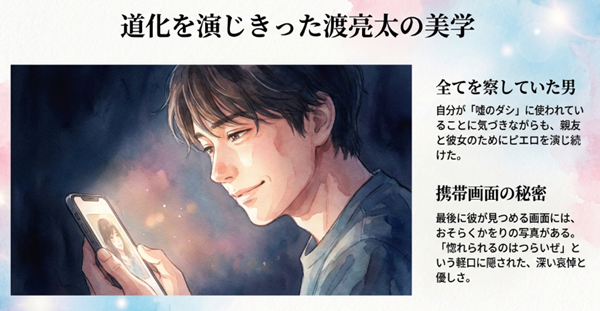 携帯電話の画面を見つめる渡亮太のイラストとともに、彼が全てを察しながらピエロを演じ、親友と彼女のために尽くした男気について解説したスライド