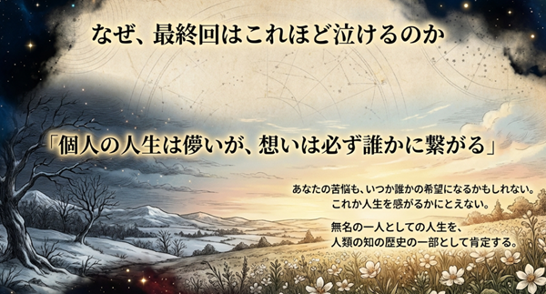 宇宙空間と繋がる人々のシルエット。個人の人生は儚くても想いは誰かに繋がり、無名の人生も人類の知の歴史の一部として肯定される感動のメカニズム解説。