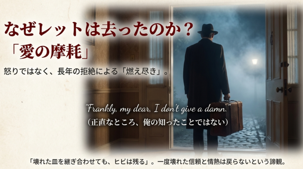 レットが去った理由は怒りではなく、長年の拒絶による「愛の摩耗」と「燃え尽き」。一度壊れた信頼は戻らないという諦観と名台詞の真意についての解説