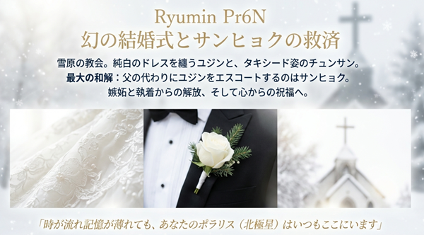 雪原の教会で行われたチュンサンとユジンの結婚式、そしてサンヒョクが父の代わりにユジンをエスコートする和解のシーンを描写したスライド。