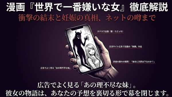 漫画『世界で一番嫌いな女』の徹底解説スライド表紙。スマホ画面に映る美少女と背後に潜む悪魔の影が描かれ、衝撃の結末を示唆している。