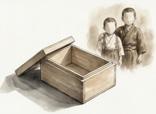 仲の良かった幼い頃の兄弟の姿と、戦後に戻ってきた遺骨の入っていない空っぽの木箱のイラスト