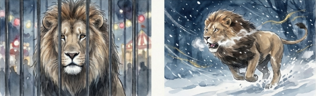 サーカスの檻の中で悲しげな表情をするライオンと、雪吹雪の中を母を求めて必死に走るライオンの対比イラスト