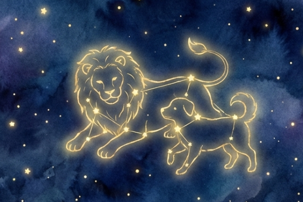 夜空に浮かぶライオンと犬の星座のイラスト。物語が伝える永遠の愛と希望を象徴している