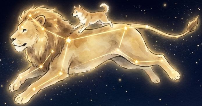 夜空に輝く星座のように、ライオンが犬を背中に乗せて楽しそうに空を駆けていく幻想的なイラスト
