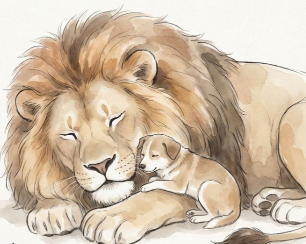 幼いライオンのブルブルと母犬のムクムクが寄り添って幸せそうに眠っているイラスト