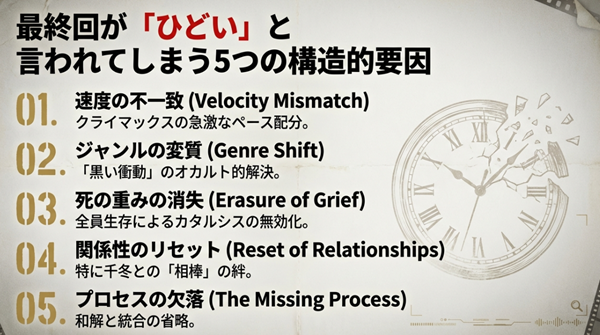 速度の不一致、ジャンルの変質、死の重みの消失など、東京リベンジャーズ最終回が低評価を受ける5つの構造的な理由をまとめた解説図。