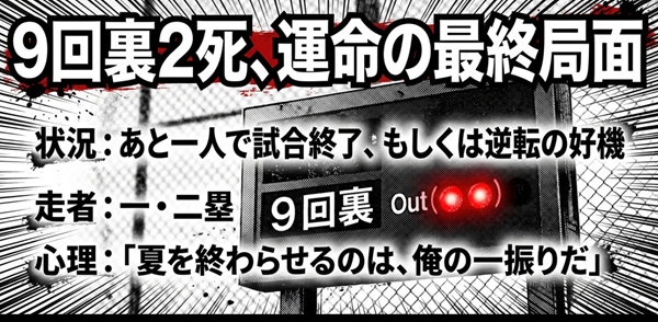 9回裏2死、走者一・二塁という極限状況と、「夏を終わらせるのは俺の一振りだ」という心理描写、どちらが勝ってもおかしくないシーソーゲームの解説。