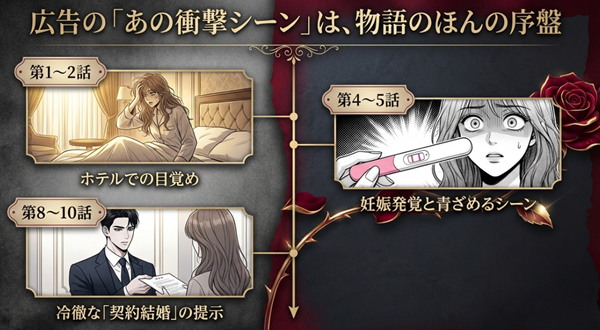ホテルでの一夜（第1〜2話）、妊娠発覚（第4〜5話）、契約結婚の提示（第8〜10話）など、広告で話題の衝撃シーンが本編の何話にあたるかを解説したタイムライン図。
