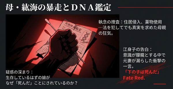 母・紘海の暴走による執念のDNA鑑定捜査と、薬で意識が朦朧とする中で江身子が漏らした「下の子は死んだ」という衝撃的な告白についての解説。