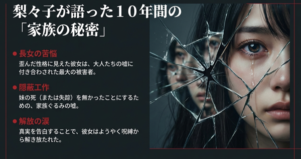 梨々子が語った10年間の「家族の秘密」。長女の苦悩、妹の死を無かったことにする隠蔽工作、そして真実を告白して流した解放の涙についての解説図。