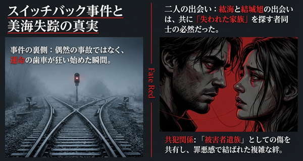 スイッチバック事件と美海失踪の真実。偶然の事故ではなく運命の歯車が狂い始めた瞬間と、紘海と結城旭が「被害者遺族」として出会った必然性を解説した図。