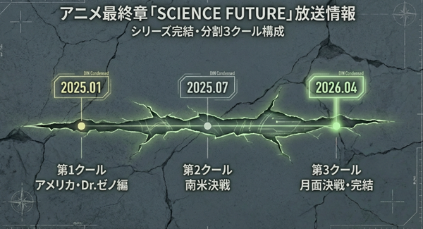 アニメ『Dr.STONE SCIENCE FUTURE』の第1クールから第3クールまでの放送時期と、各クールの主な内容をまとめた表。